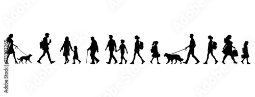 Vector illustration. a large set of silhouettes of different people walking down the street. In move.