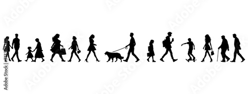 Vector illustration. a large set of silhouettes of different people walking down the street. In move.