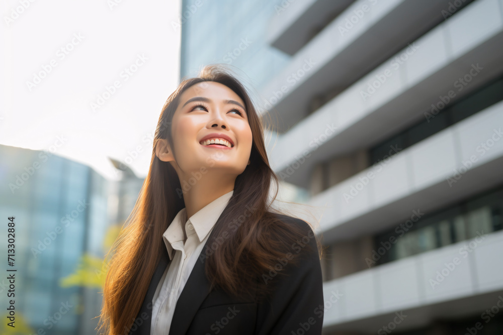 Happy young Asian business woman standing on street Happy young Asian business woman standing on street