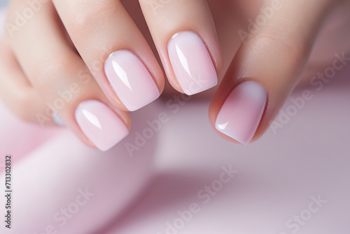 Glamour woman han with one color nail polish on her fingers. French manicure