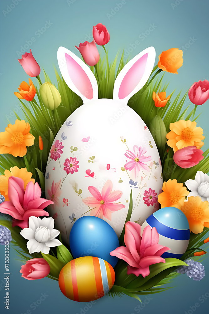 A cute easter Cartoon little bunny with an easter egg basket in the grass generated Ai illustration.
