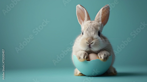 A cute easter Cartoon little bunny with an easter egg basket in the grass generated Ai illustration. photo