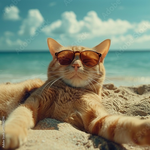 Red-haired cat lies on sandy beach in sunglasses and takes a selfie