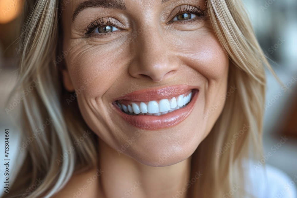 Fototapeta premium Close-up of a bright smiling European senior woman showing off healthy white teeth