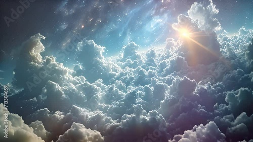 Above white clouds. Flying through heavenly beautiful sunny cloudscape. Amazing timelapse of white fluffy clouds moving softly on the sky and the sun shining above the clouds with beautiful rays and l photo