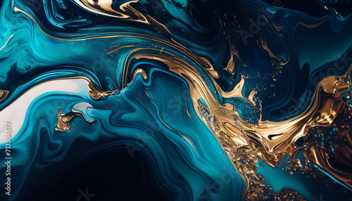 Marbled blue and gold abstract background. Liquid marble pattern, Marble aqua blue gold texture, liquid, wallpaper, background, Ai generated image 