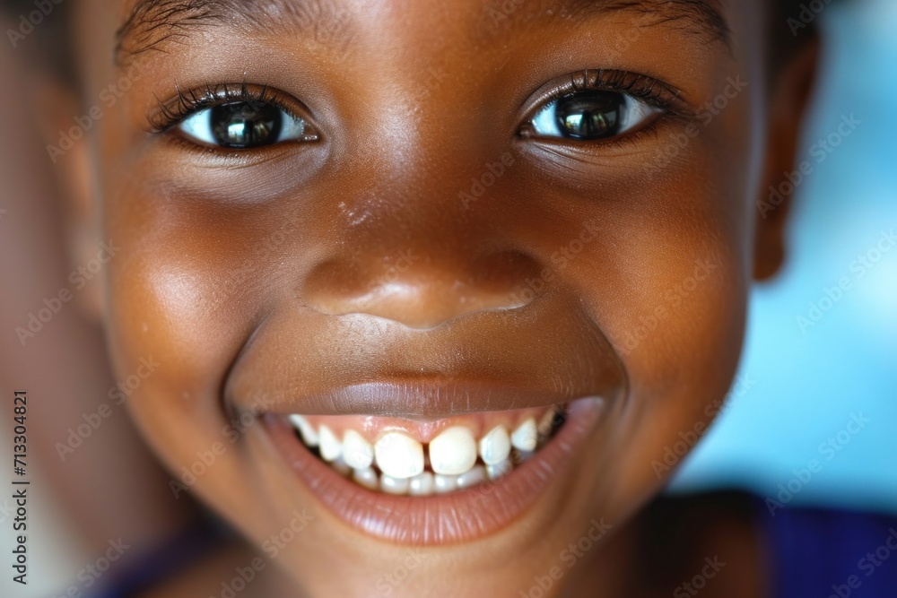 Close-up of a bright smiling African girl child showing off healthy white teeth Close-up of a bright smiling African girl child showing off healthy white teeth
