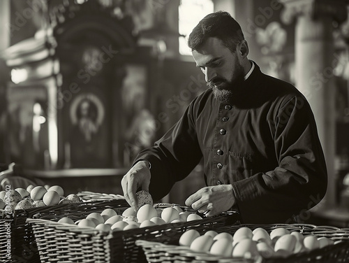 A Catholic priest in traditional cassock clothes consecrates Easter eggs in the solemn atmosphere of the church, antique black and white photo