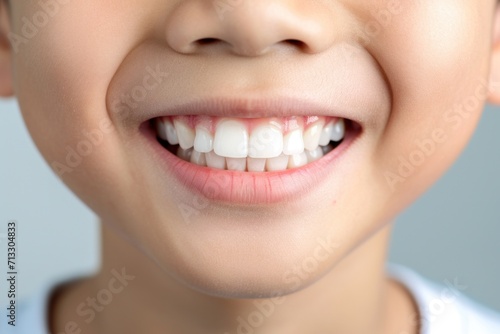 Close-up of a bright smiling Asian boy child showing off healthy white teeth