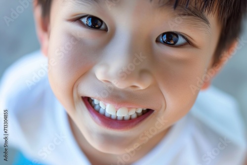 Close-up of a bright smiling Asian boy child showing off healthy white teeth