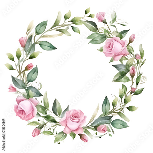 Watercolor wedding Rose tree and mistletoe wreath. Hand realistic painting vintage round frame with branches, snowberry and green leaves isolated on white background. © LADIE_PASTEL