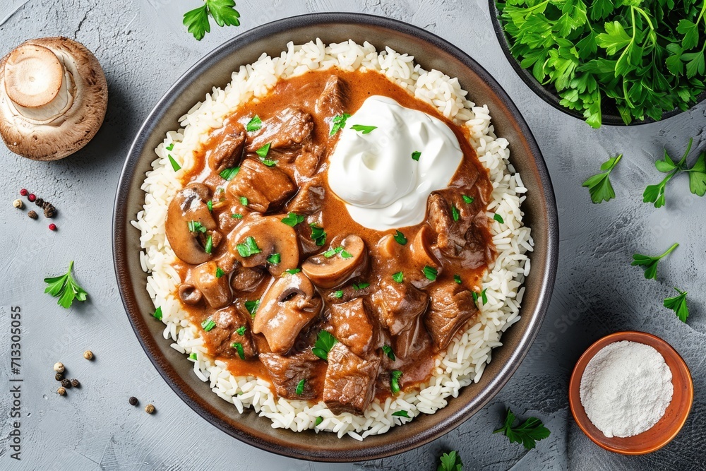 Ground Beef Stroganoff with rice served in a bowl Ground Beef Stroganoff with rice served in a bowl