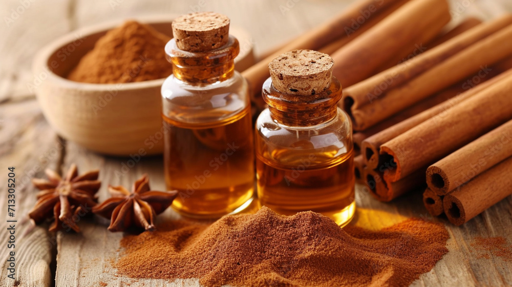Cinnamon essential oil and wood mon background. selective focus. Generative AI, Cinnamon essential oil and wood mon background. selective focus. Generative AI,