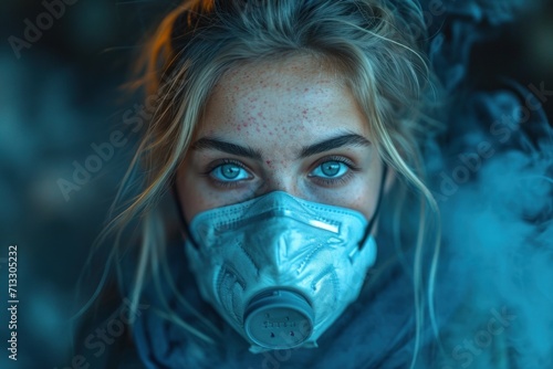 Young Woman Wearing Protective Mask Surrounded by Blue Smoke in a Controlled Environment