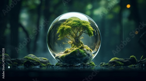 Realistic water drop with an ecosystem for world water day. A water drop with flowers in it on mossy areas, in the desert and on rocky ground. Large drop of water and green plants