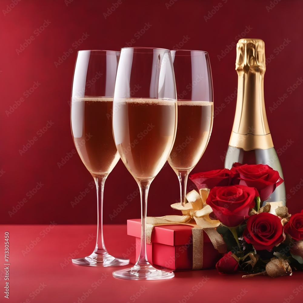 Two glasses of champagne gift box and flowers on a red background. Valentine's day decorations. Two glasses of champagne gift box and flowers on a red background. Valentine's day decorations.