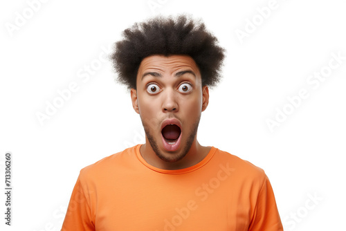 Startled Man in Orange Shirt with Wide-Eyed Expression