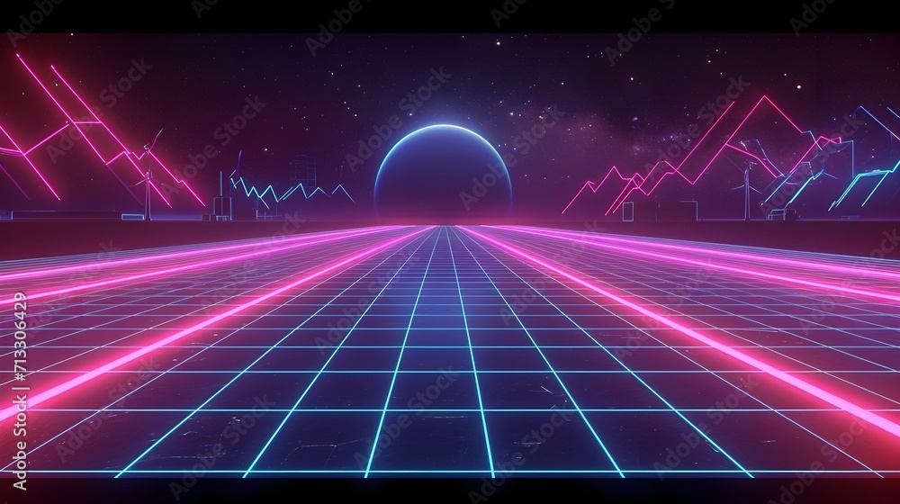  Neon colors vaporwave futuristic background. Step into a mesmerizing world of virtual, Vector cyberpunk illustration with purple grid floor. moon lite, sun lite,
