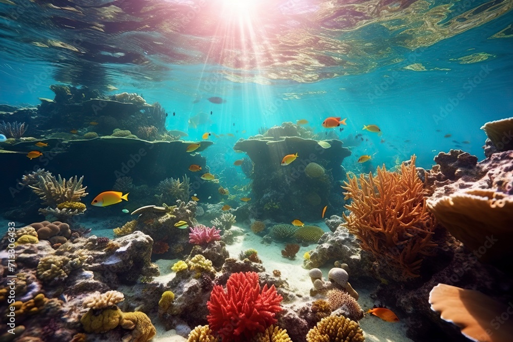 An underwater world teeming with colorful coral reefs