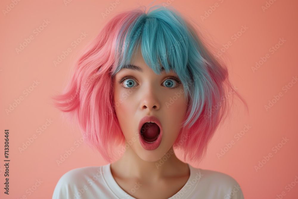 Colorful Hair Young Woman with Surprised Expression on Pink Backdrop Colorful Hair Young Woman with Surprised Expression on Pink Backdrop