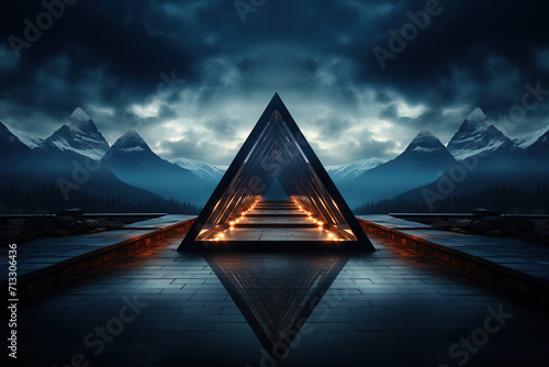 Surreal exterior. Fantastic landscape with geometric mirror objects.