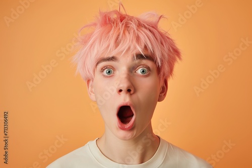 Startled Young Person with Pink Hair on Orange Background photo