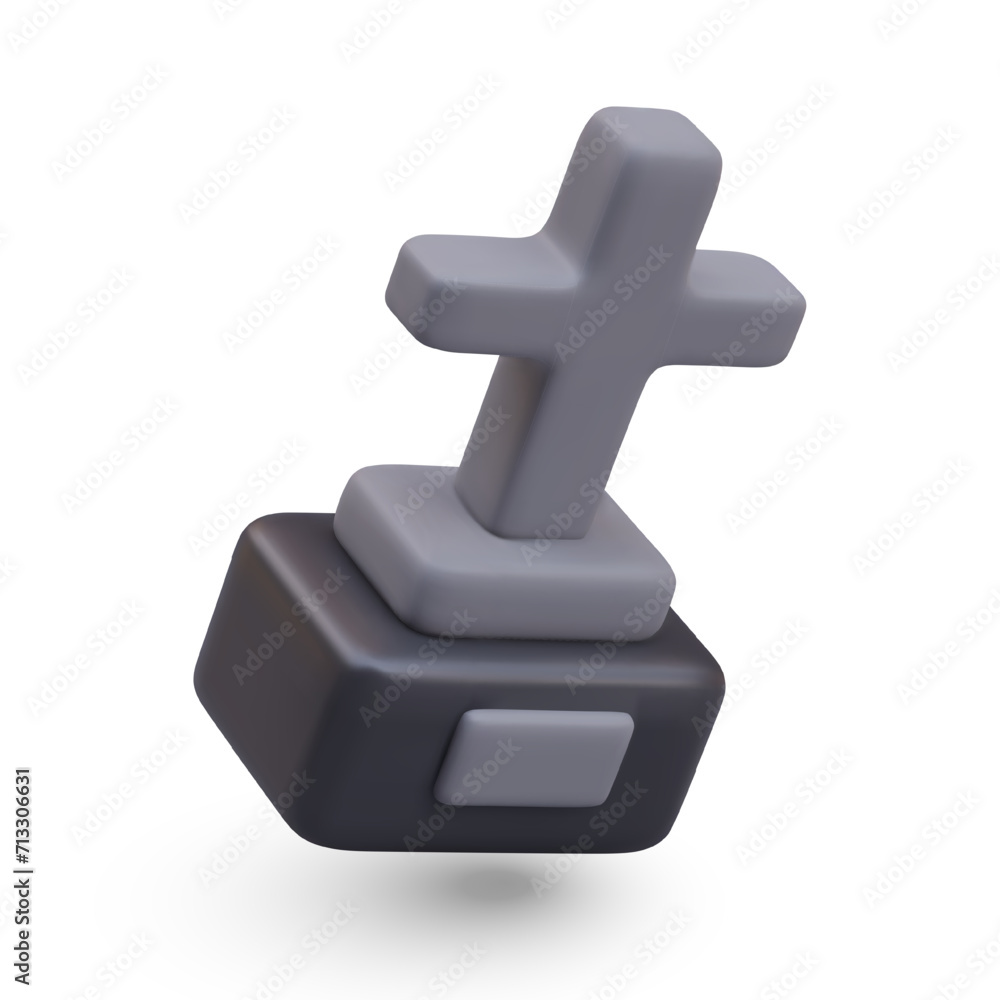 3D falling grave cross with tombstone. Vector object in tilted position. Mockup with place for name of deceased. Template for festive and scary Halloween web design 3D falling grave cross with tombstone. Vector object in tilted position. Mockup with place for name of deceased. Template for festive and scary Halloween web design