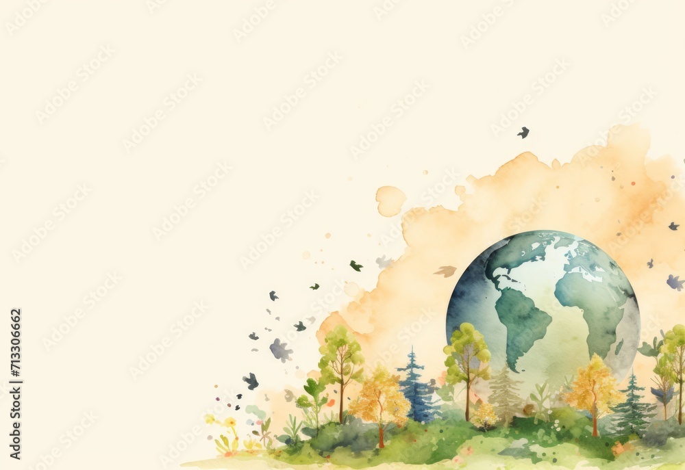 Naklejka premium Earth day concept on old paper. Cartoon style, World environment day, with flowers. Illustration of the green planet with plants. Watercolor style