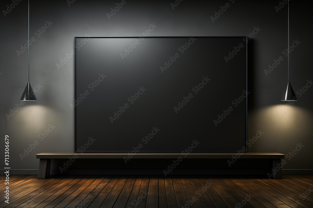 Black loft style room interior lit with lamps from above and a big black board mockup with copy space. Black loft style room interior lit with lamps from above and a big black board mockup with copy space.