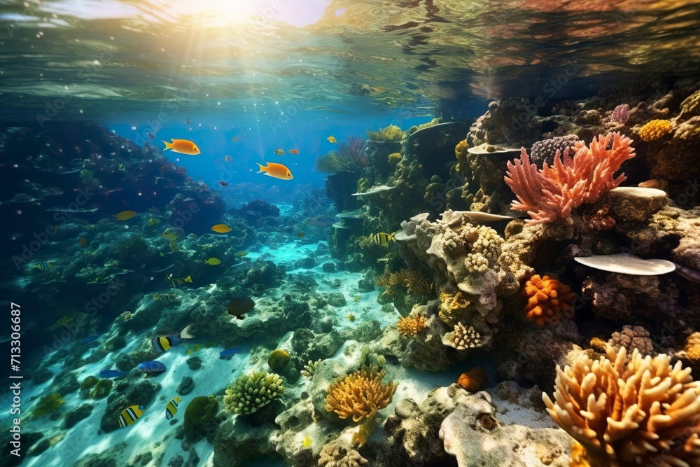 An underwater world teeming with colorful coral reefs