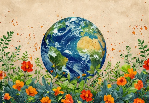 Earth day concept on old paper. Cartoon style, World environment day, with flowers. Illustration of the green planet with plants. Watercolor style © nataliia_ptashka