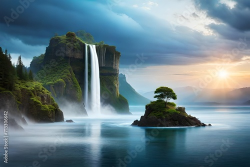 Milky waterfall under the sky blue clouds