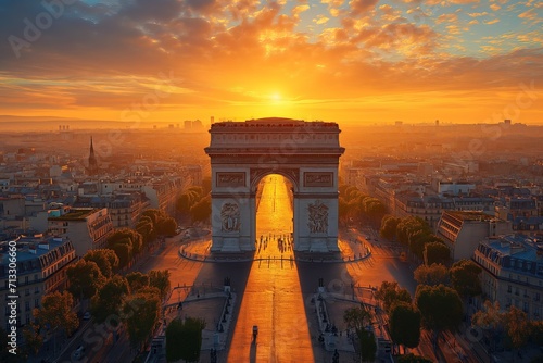 Arc de Triomphe in France, Paris, aerial view on a scenic sunset © Roman