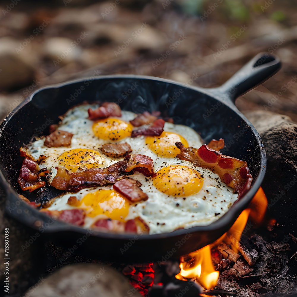 Camping breakfast with bacon and eggs in a cast iron skillet. Fried eggs with bacon in a pan in the forest. Food at the camp. Scrambled eggs with bacon on fire. Camping breakfast with bacon and eggs in a cast iron skillet. Fried eggs with bacon in a pan in the forest. Food at the camp. Scrambled eggs with bacon on fire.
