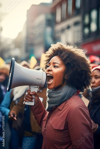 African Female activist protesting via megaphone