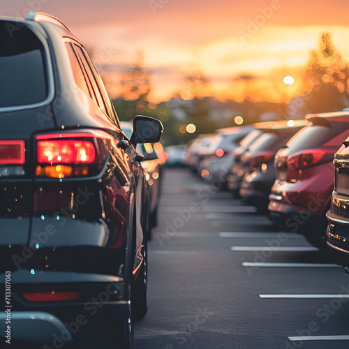 Car parked at outdoor parking lot. Used car for sale and rental service. Car insurance background. Automobile parking area. Car dealership and dealer agent concept. Automotive industry.
