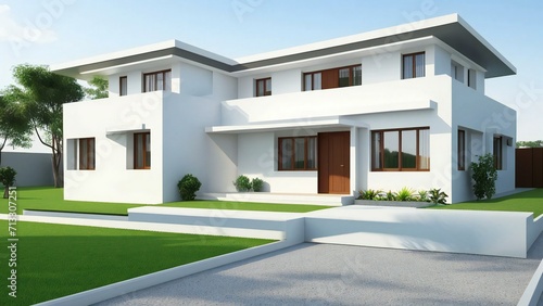 Modern minimalist white two-story house with flat roof, brown windows, and front door, surrounded by green lawn and driveway, ideal for real estate and architectural design concepts.