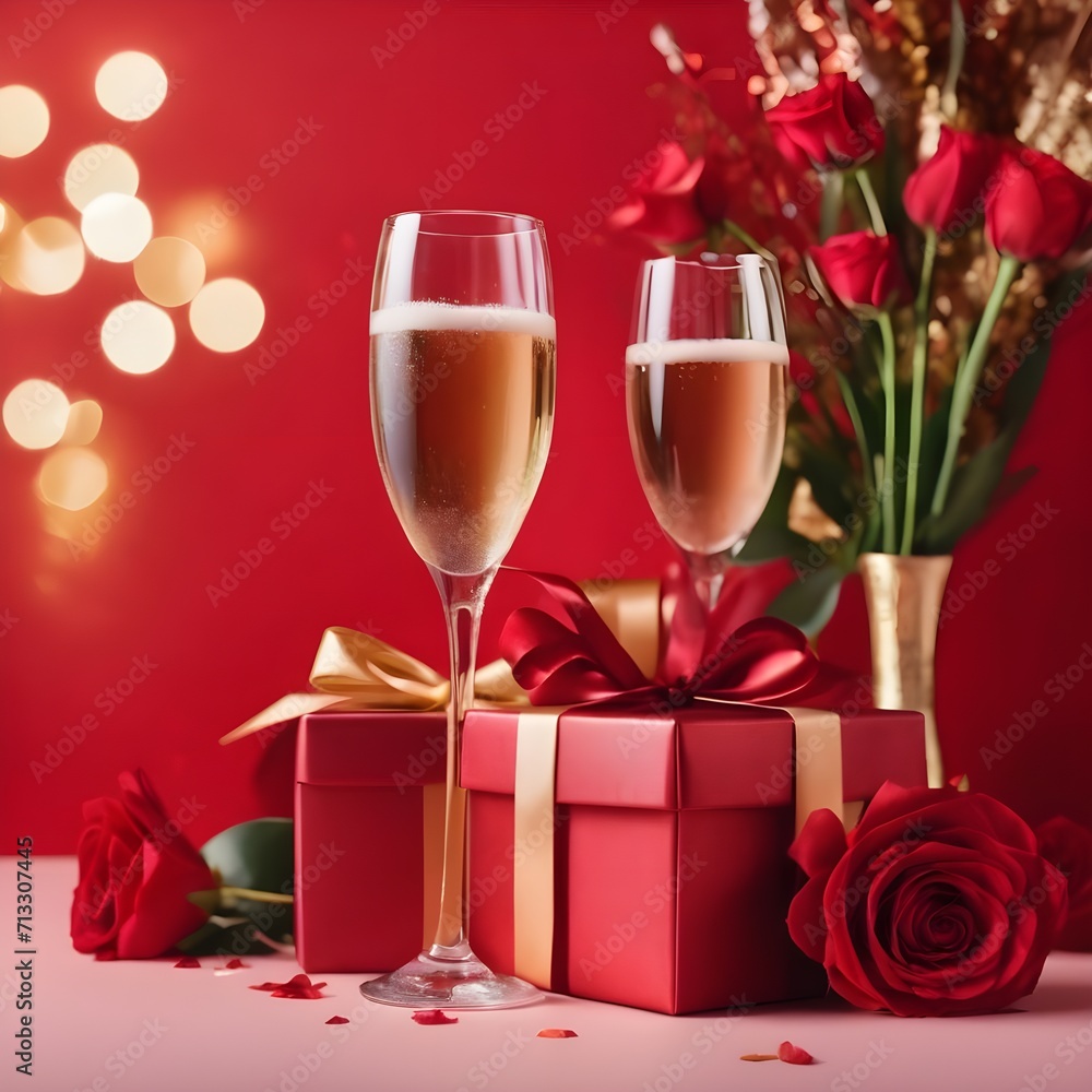 Two glasses of champagne gift box and flowers on a red background. Valentine's day decorations. Two glasses of champagne gift box and flowers on a red background. Valentine's day decorations.