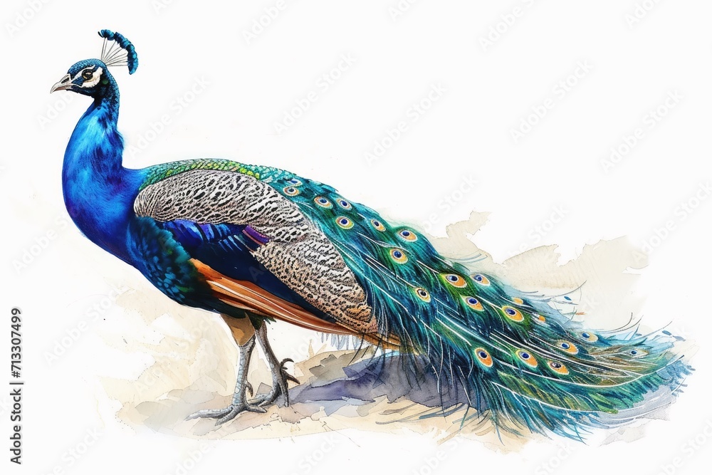 Obraz premium Watercolor of a beautiful peacock on white.