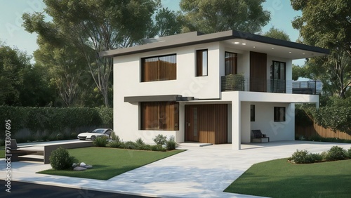 3d house model rendering on white background, 3D illustration modern cozy house. Real estate concept. © home 3d