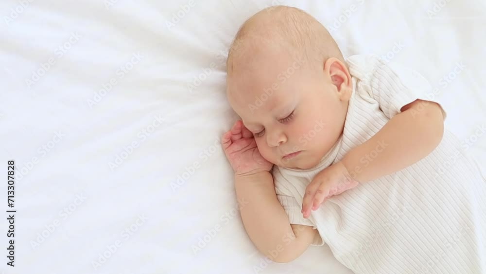 cute little newborn baby sleeps with his hand folded under his cheek, sweet healthy baby sleep in a white crib, a place for text cute little newborn baby sleeps with his hand folded under his cheek, sweet healthy baby sleep in a white crib, a place for text