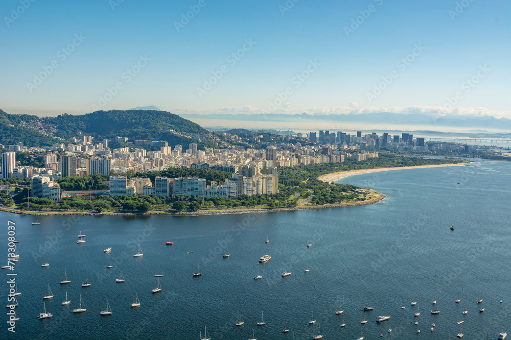 Rio de janeiro, Brazil. Aerial view of the Flamengo neighborhood and Guanabara Bay. In the background, Santos Dumont airport and the Rio Niterói bridge.