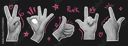 Set of woman hands with doodle elements. Crown, heart, star. Retro collage elements for posters, banner, social media