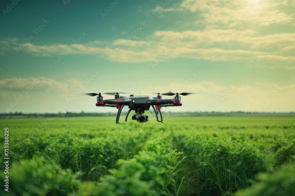 Drone spraying water on the field Drone spraying water on the field