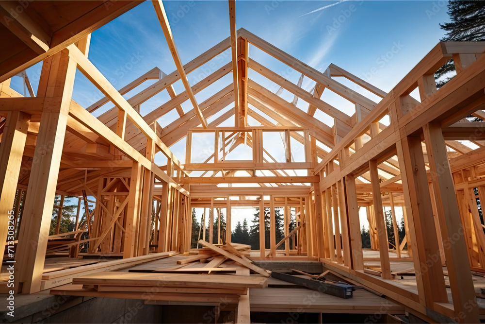 construction of a wooden  house, a house being constructed with wooden framing,