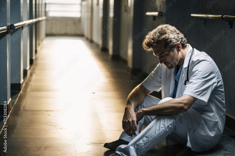 Fototapeta premium Exhausted doctor taking a break in hospital corridor. Generative AI image