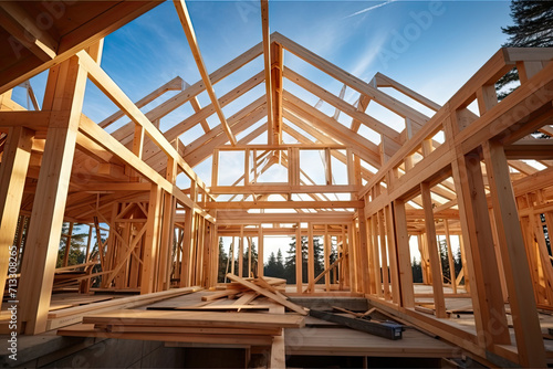 construction of a wooden  house, a house being constructed with wooden framing,