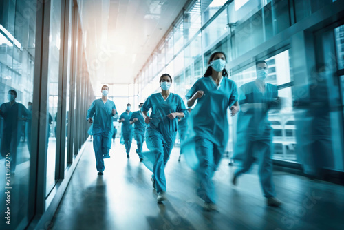 Medical staff in a hurry at a modern hospital corridor. Generative AI image photo