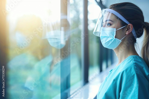 Contemplative healthcare worker in PPE gazing outside. Generative AI image photo