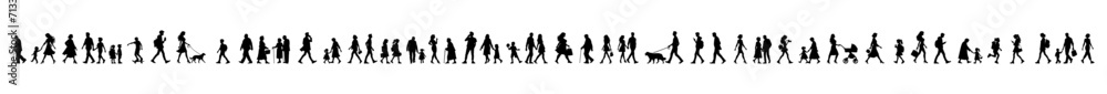 Vector illustration. a large set of silhouettes of different people walking down the street. In move. - obrazy, fototapety, plakaty 